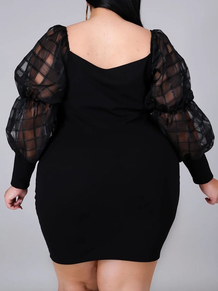 Genomskinlig Ovanför Knä Långärmad Enfärgad Bodycon-Klänning