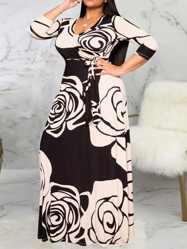 Golvlängd Med Snörning 3-Kvartsärm Bodycon Pullover Klänning Plus Size