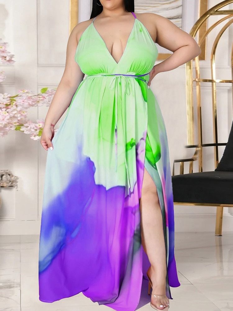 Golvlång Ärmlös V-Halsexpansion Mode Maxiklänning Plus Size