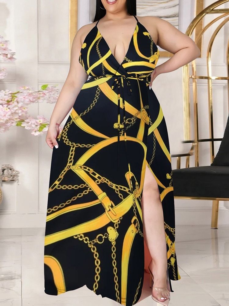Golvlång Ärmlös V-Halsexpansion Mode Maxiklänning Plus Size