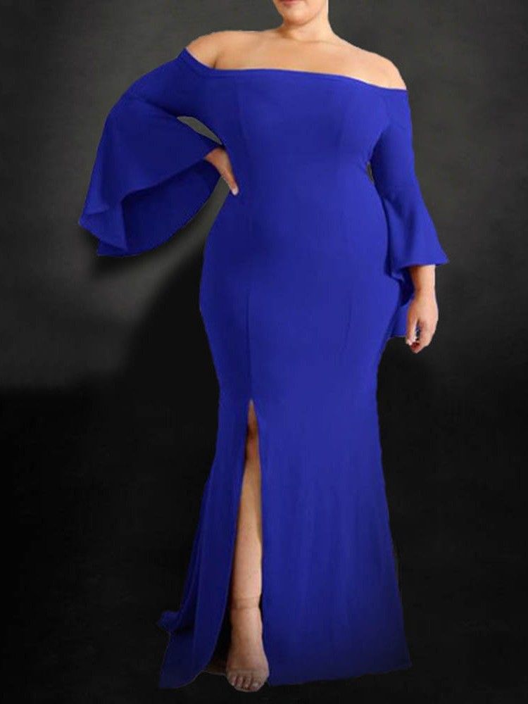 Golvlång Off Shoulder Split Bodycon Flare Sleeve Klänning Plus Size