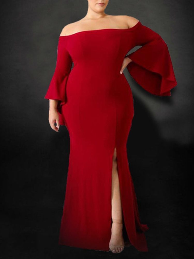 Golvlång Off Shoulder Split Bodycon Flare Sleeve Klänning Plus Size