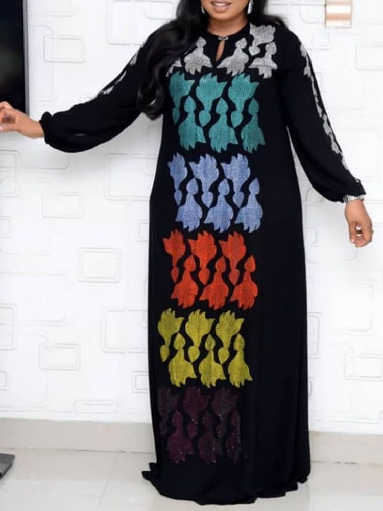 Golvlång Strass Långärmad Lantern Sleeve Color Block Klänning