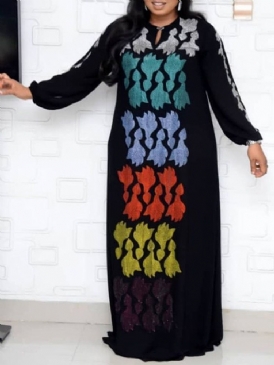 Golvlång Strass Långärmad Lantern Sleeve Color Block Klänning