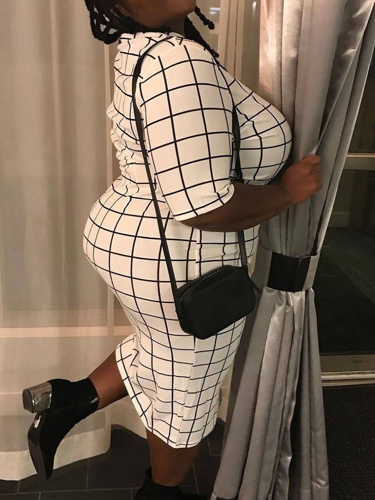 Halv Ärm Patchwork Stativ Krage Bodycon Klänning Plus Size