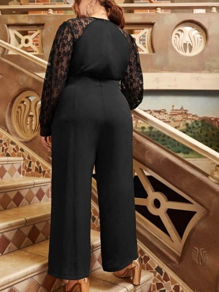 Hellängd Mesh Vanligt Rak Lös Jumpsuit För Kvinnor Plus Size