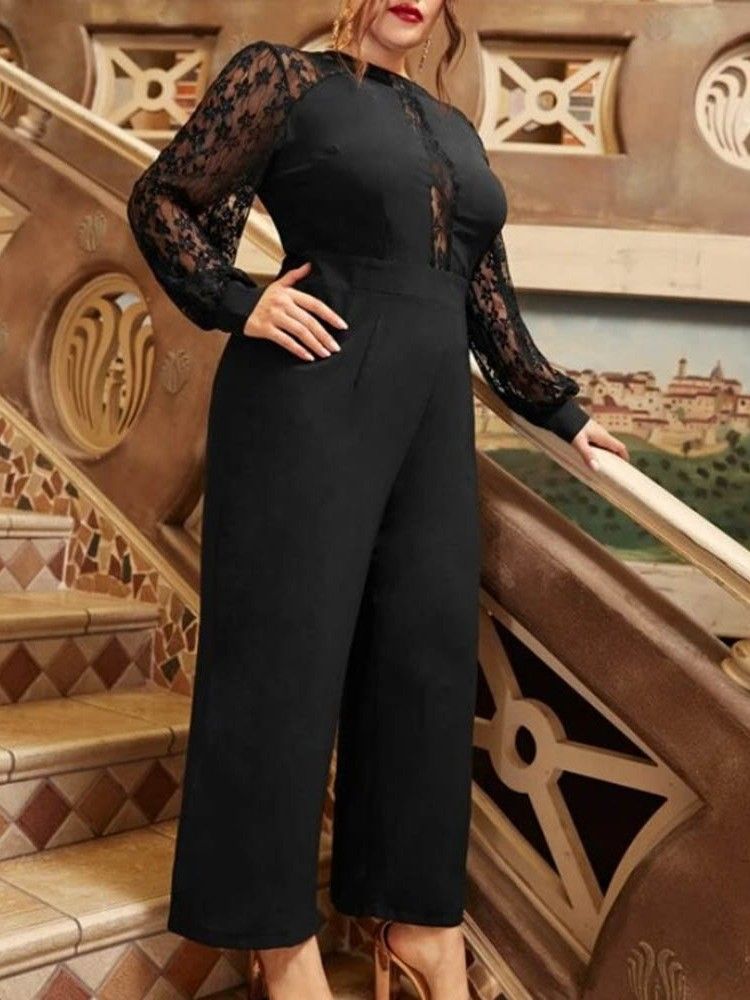 Hellängd Mesh Vanligt Rak Lös Jumpsuit För Kvinnor Plus Size