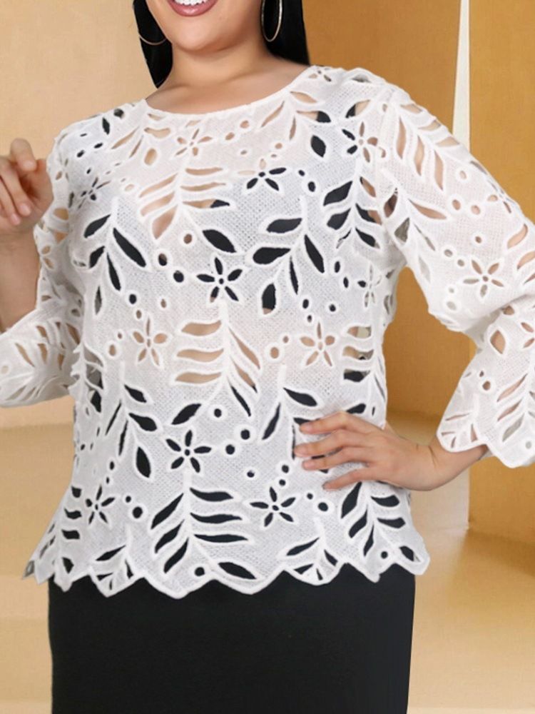 Hollow Flare Sleeve Rund Neck Standard Nio Points Sleeve Blus