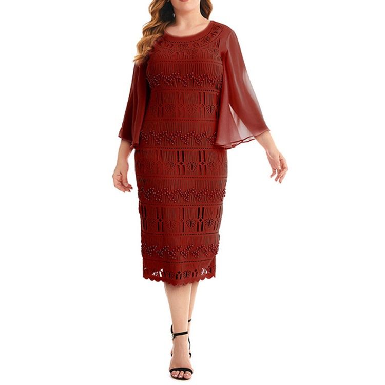 Ihålig Trekvartsärm Mid-Calf Bodycon Flare Sleeve Plus Size Klänning