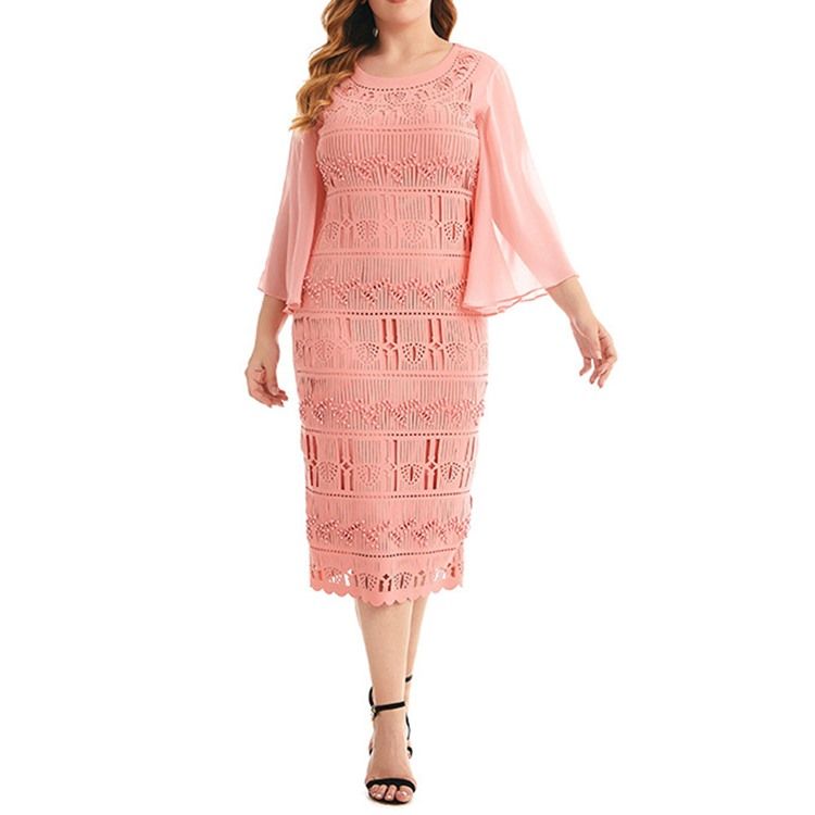 Ihålig Trekvartsärm Mid-Calf Bodycon Flare Sleeve Plus Size Klänning
