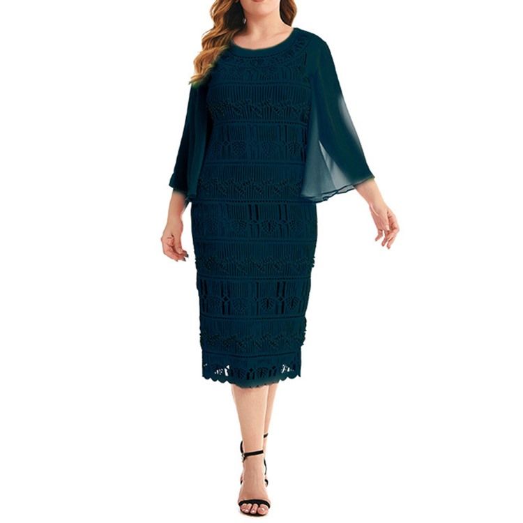 Ihålig Trekvartsärm Mid-Calf Bodycon Flare Sleeve Plus Size Klänning