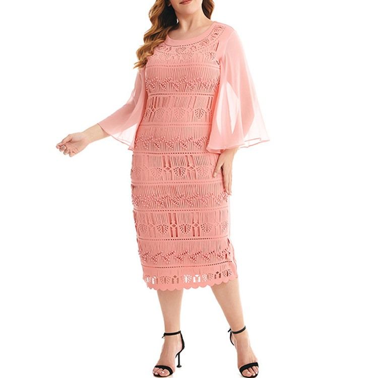 Ihålig Trekvartsärm Mid-Calf Bodycon Flare Sleeve Plus Size Klänning