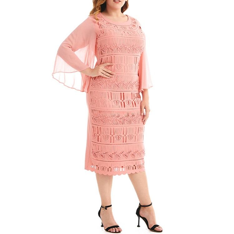 Ihålig Trekvartsärm Mid-Calf Bodycon Flare Sleeve Plus Size Klänning