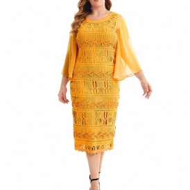 Ihålig Trekvartsärm Mid-Calf Bodycon Flare Sleeve Plus Size Klänning