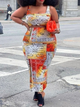 Kjol Western Color Block Bodycon Fyrkantig Hals Dams Tvådelade Set Plus Size