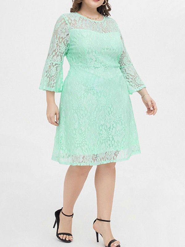 Knälång Rund Hals Med Nio Punkters Ärm Mode Bodycon Klänning Plus Size