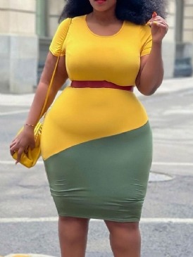 Knälång Rundhalsad Kortärmad Bodycon Office Damklänning Plus Size
