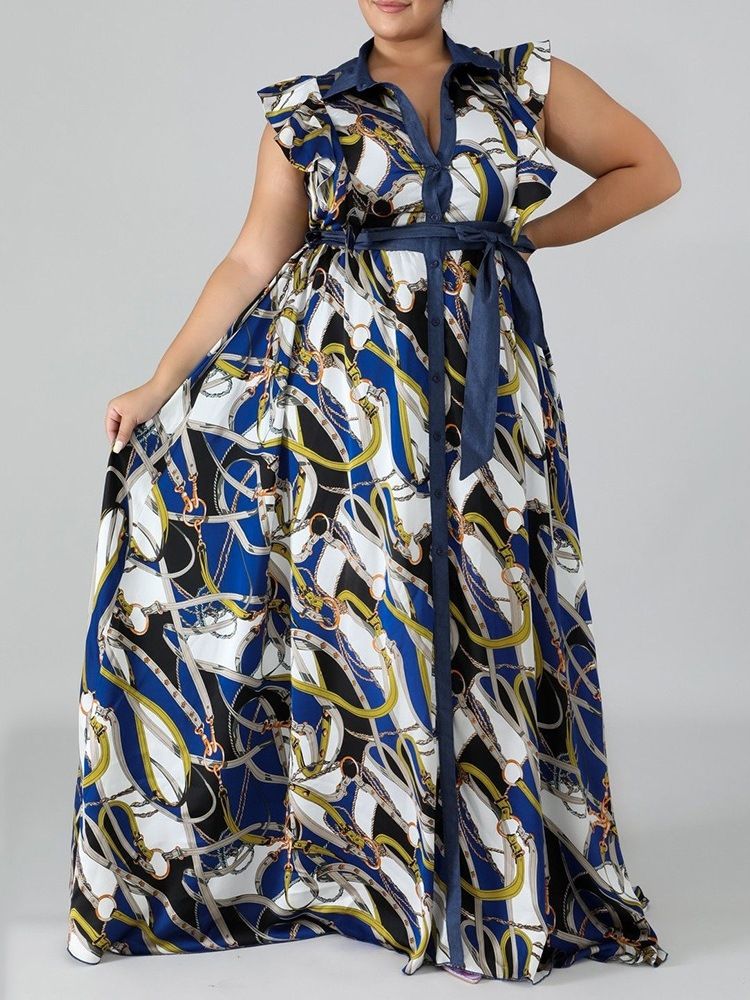 Kortärmad Golvlång Snörning Western Enkelknäppt Maxiklänning Plus Size