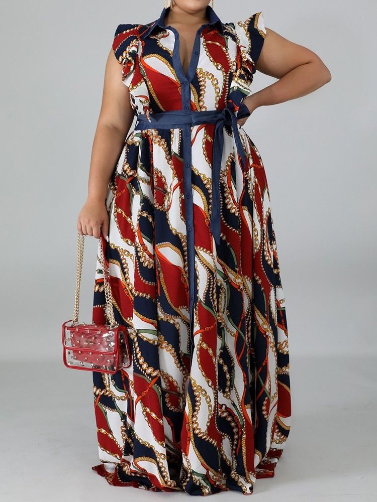 Kortärmad Golvlång Snörning Western Enkelknäppt Maxiklänning Plus Size