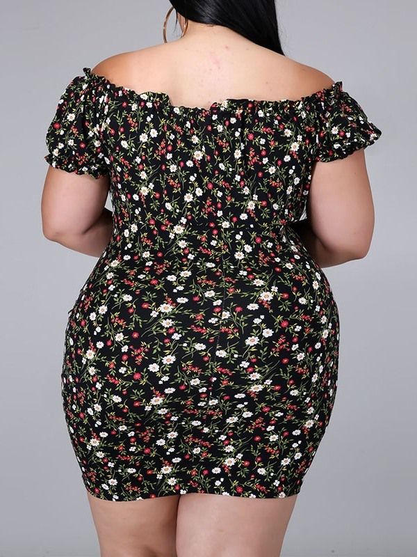 Kortärmad Ovanför Knätrycket Bodycon Pullover Blommig Bodycon Klänning Plus Size