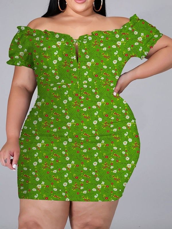 Kortärmad Ovanför Knätrycket Bodycon Pullover Blommig Bodycon Klänning Plus Size