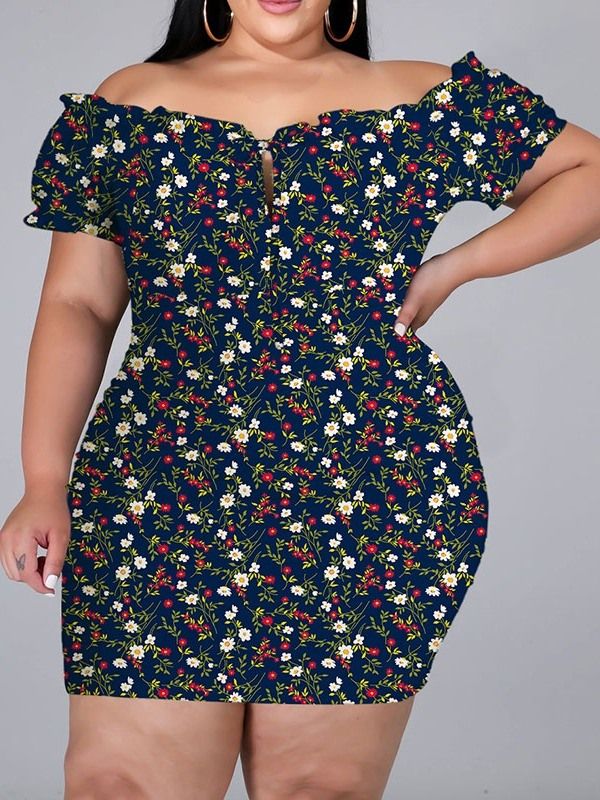 Kortärmad Ovanför Knätrycket Bodycon Pullover Blommig Bodycon Klänning Plus Size