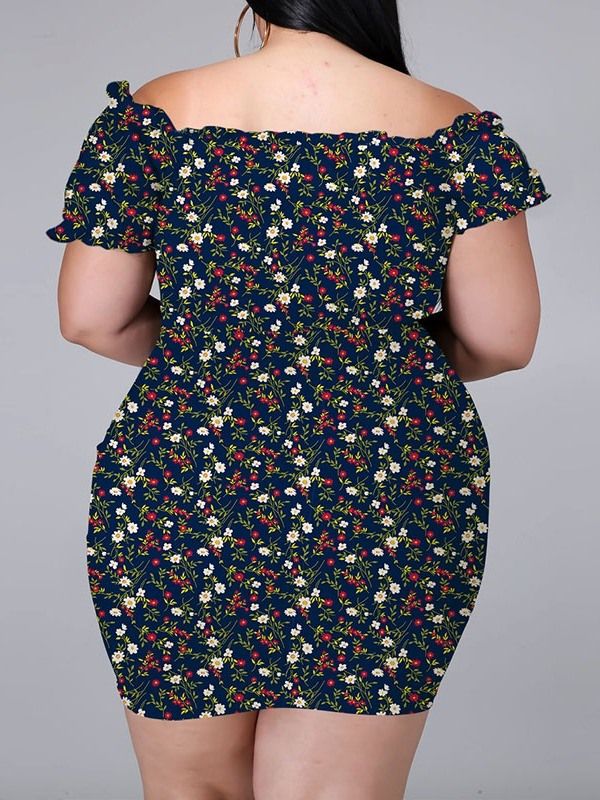 Kortärmad Ovanför Knätrycket Bodycon Pullover Blommig Bodycon Klänning Plus Size