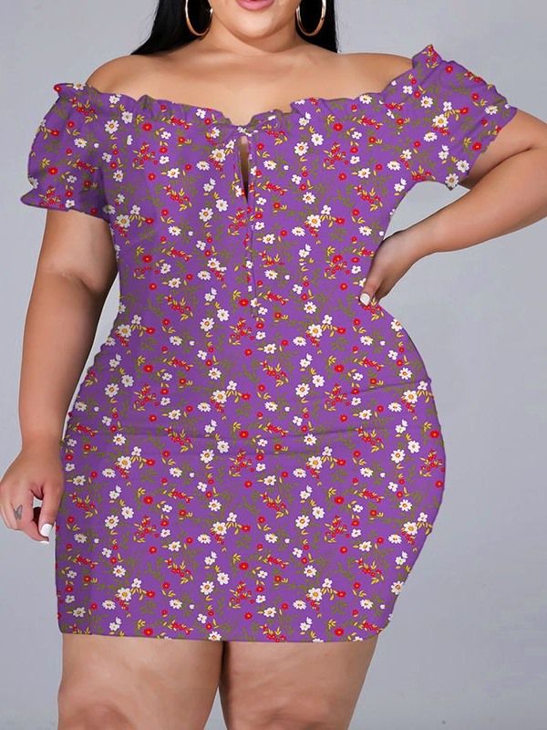 Kortärmad Ovanför Knätrycket Bodycon Pullover Blommig Bodycon Klänning Plus Size