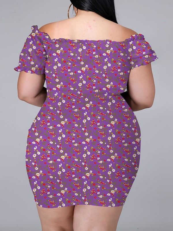 Kortärmad Ovanför Knätrycket Bodycon Pullover Blommig Bodycon Klänning Plus Size