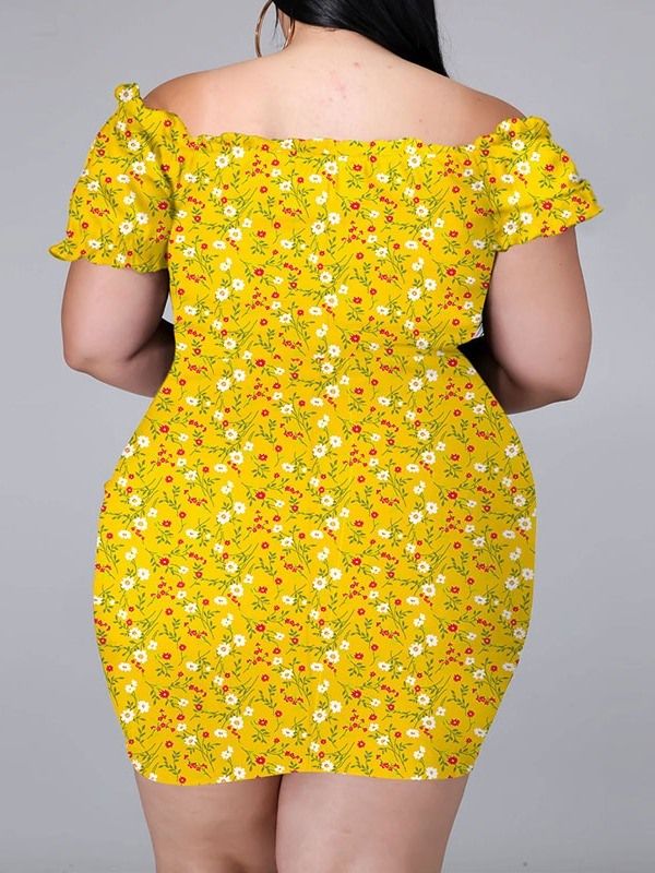Kortärmad Ovanför Knätrycket Bodycon Pullover Blommig Bodycon Klänning Plus Size