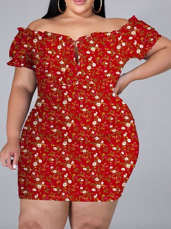 Kortärmad Ovanför Knätrycket Bodycon Pullover Blommig Bodycon Klänning Plus Size