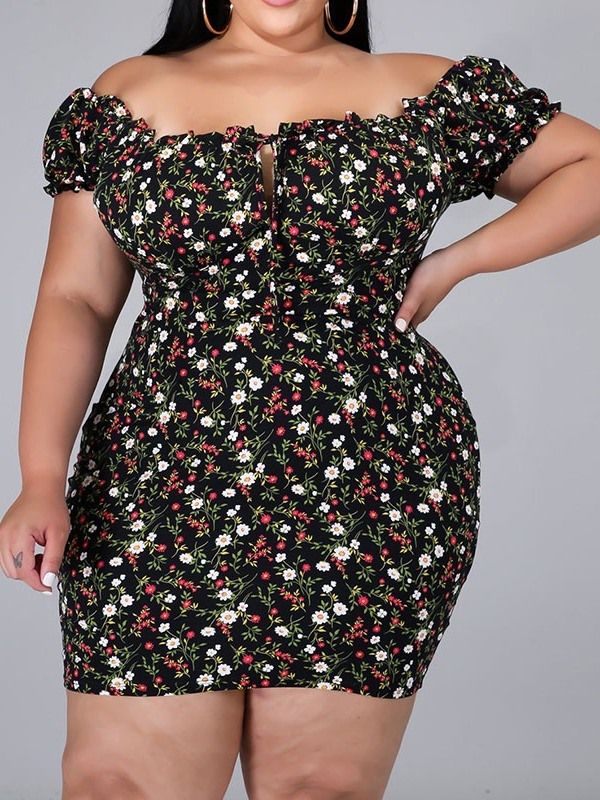 Kortärmad Ovanför Knätrycket Bodycon Pullover Blommig Bodycon Klänning Plus Size