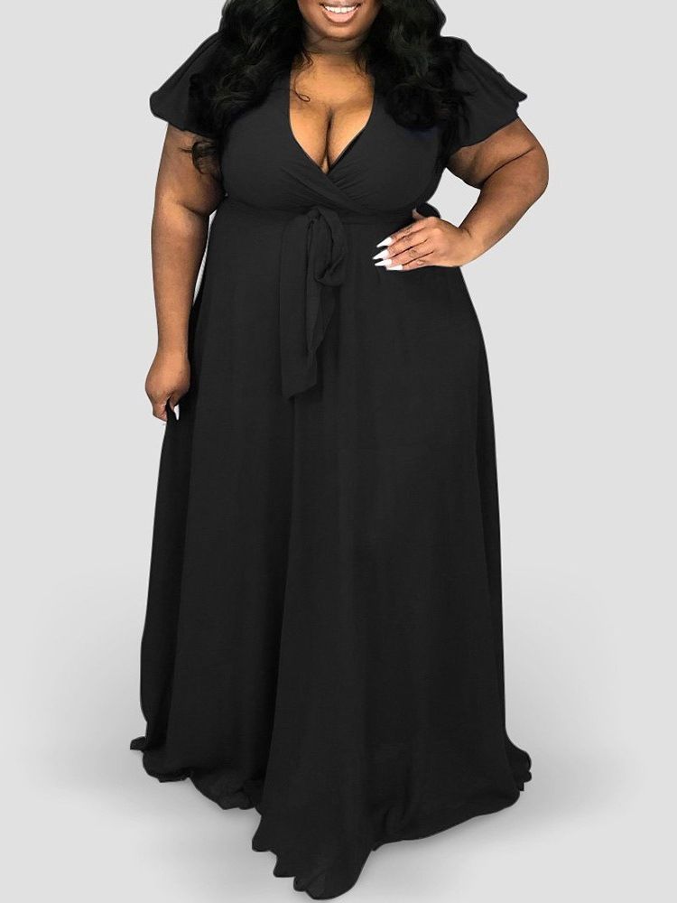 Kortärmad Snörning Med V-Hals Expansion Pullover Klänning Plus Size