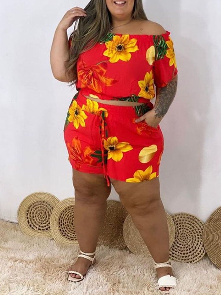 Lace-Up Casual Blommig Off Shoulder Pullover Dam Tvådelad Set Kort Set Plus Size
