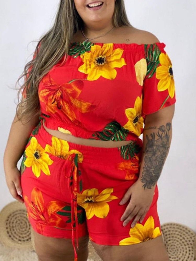 Lace-Up Casual Blommig Off Shoulder Pullover Dam Tvådelad Set Kort Set Plus Size