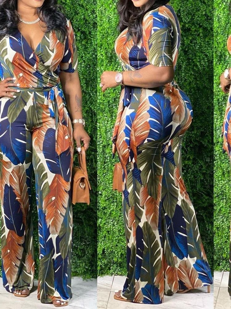 Lace-Up Plant Full Längd Slim Mid Waist Jumpsuit För Kvinnor Plus Size