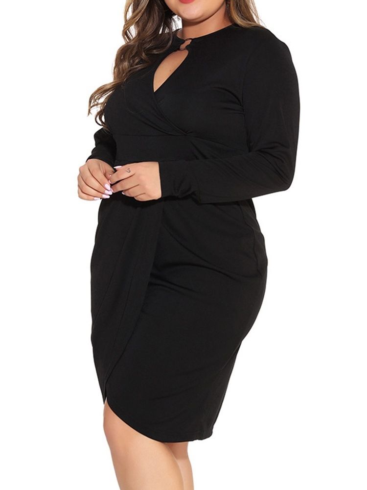 Långärmad Asymmetrisk Knälång Enfärgad Svart Bodycon Klänning Plus Size