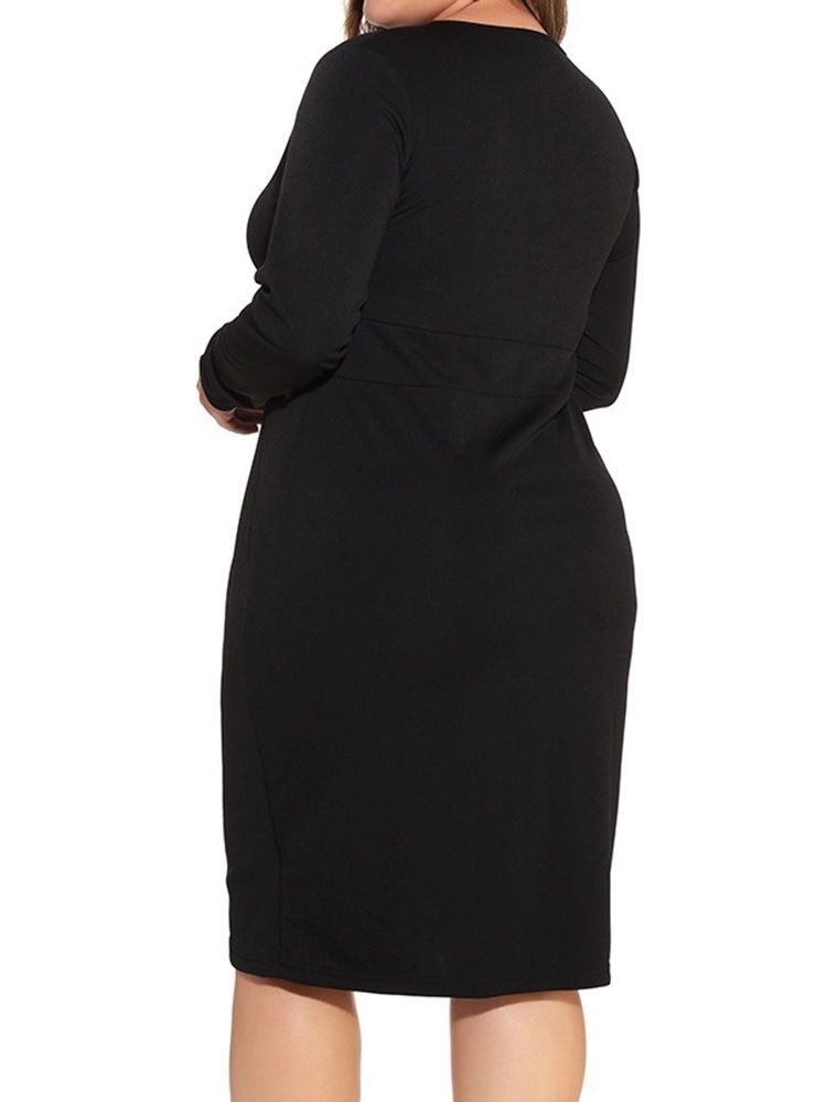 Långärmad Asymmetrisk Knälång Enfärgad Svart Bodycon Klänning Plus Size