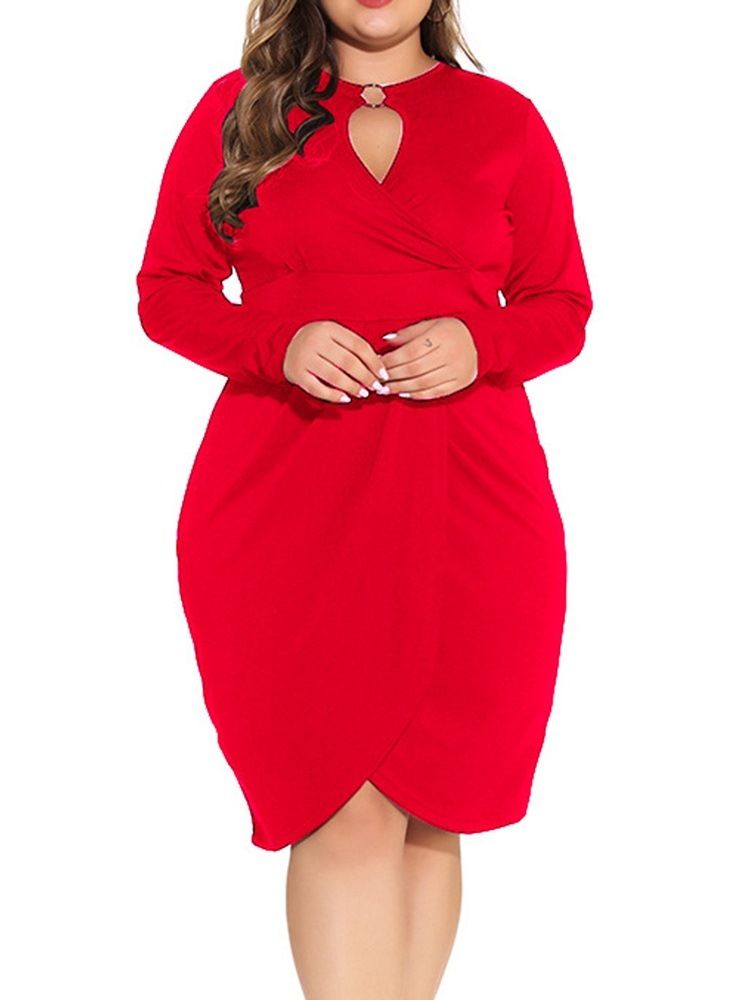 Långärmad Asymmetrisk Knälång Enfärgad Svart Bodycon Klänning Plus Size