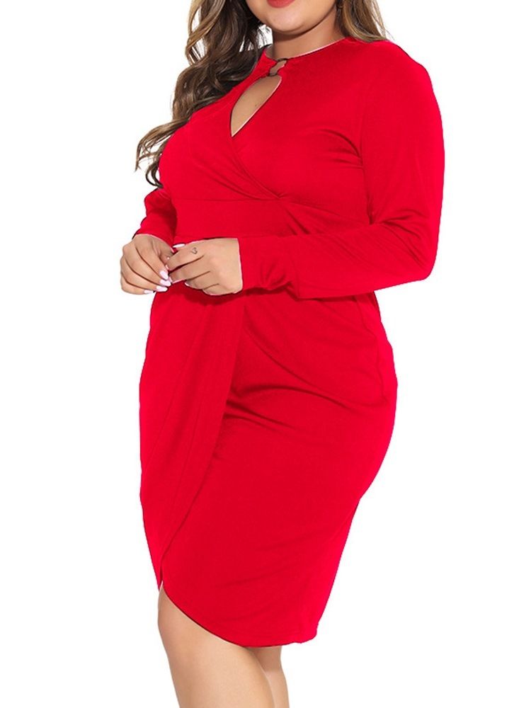 Långärmad Asymmetrisk Knälång Enfärgad Svart Bodycon Klänning Plus Size
