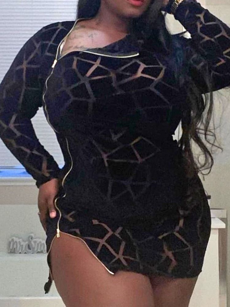 Långärmad Dragkedja Ovanför Knä Sexig Bodycon Klänning Plus Size