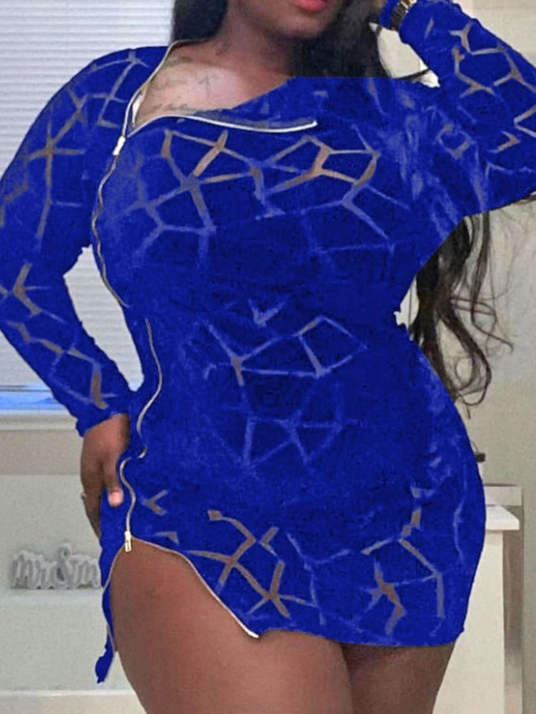 Långärmad Dragkedja Ovanför Knä Sexig Bodycon Klänning Plus Size