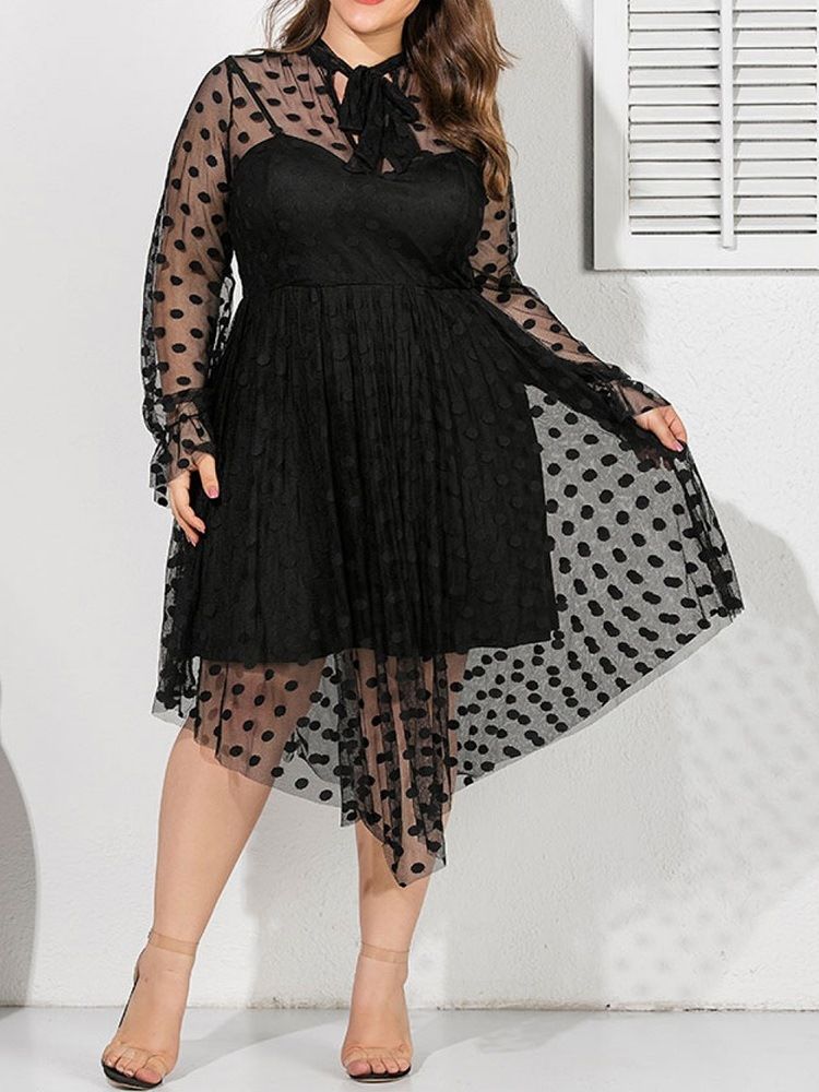 Långärmad Genomskinlig Mid-Kalv Asymmetrisk Sommarklänning Plus Size