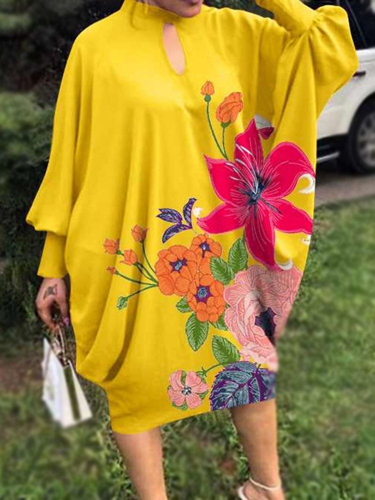 Långärmad Stativ Med Kragetryck Office Lady Blommig Klänning