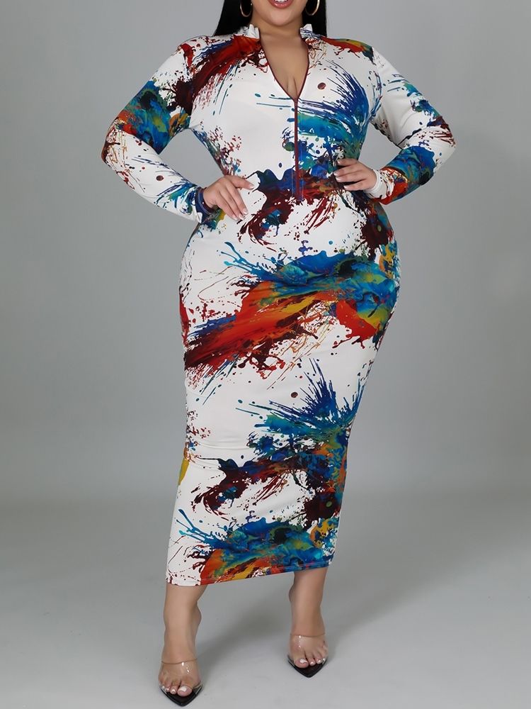 Långärmad Stativkrage Mid-Calf Spring Bodycon Klänning