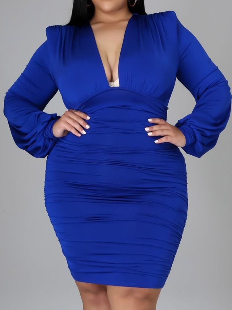 Långärmad V-Ringad Ovanför Knä Enkel Bodycon Klänning Plus Size