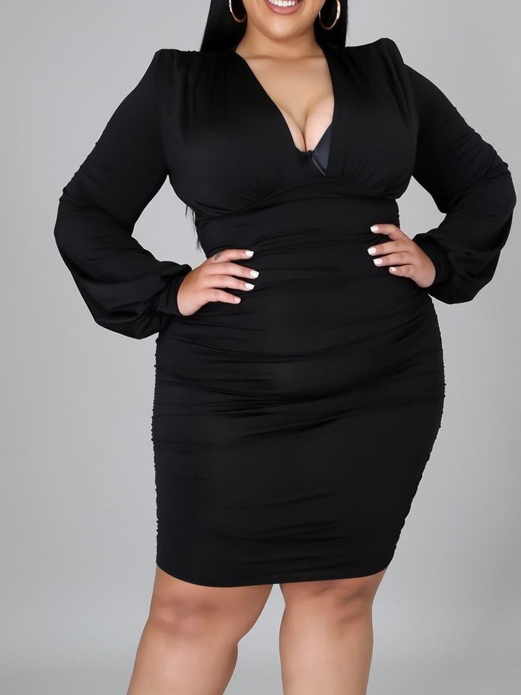 Långärmad V-Ringad Ovanför Knä Enkel Bodycon Klänning Plus Size