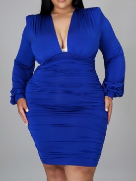 Långärmad V-Ringad Ovanför Knä Enkel Bodycon Klänning Plus Size