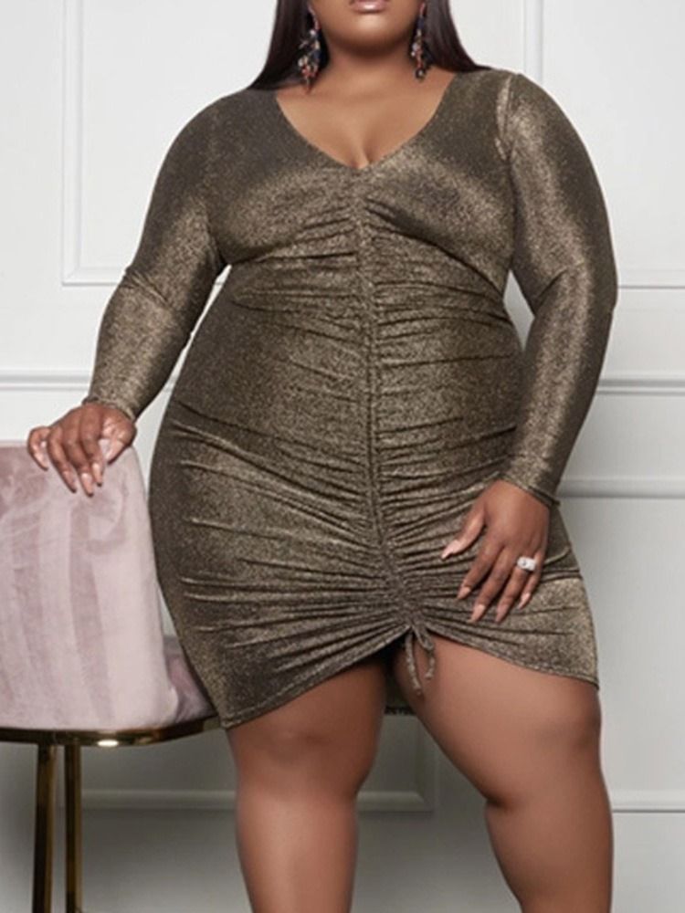 Långärmad V-Ringad Snörning Sexig Pullover Bodycon Klänning Plus Size