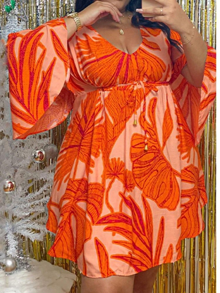 Långärmat Tryck Ovanför Knä A-Line Plant Klänning Plus Size